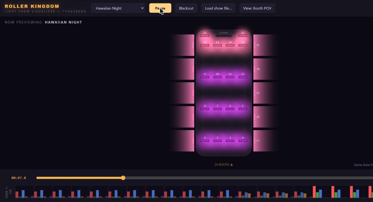 Custom DMX light show controller for a roller rink floor