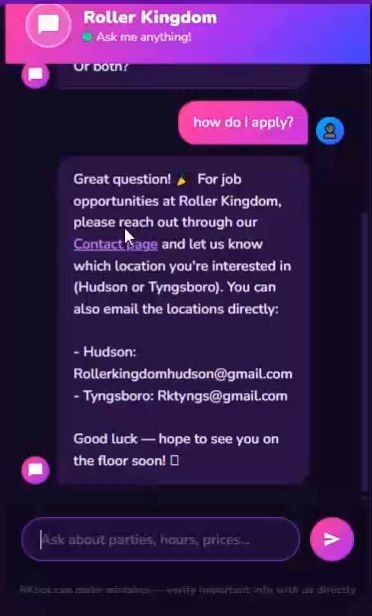 RKbot answering a job-application question on rollerkingdom.com