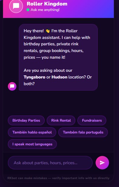 RKbot chat widget with quick-reply buttons for parties, rink rental, fundraisers, Spanish and Portuguese