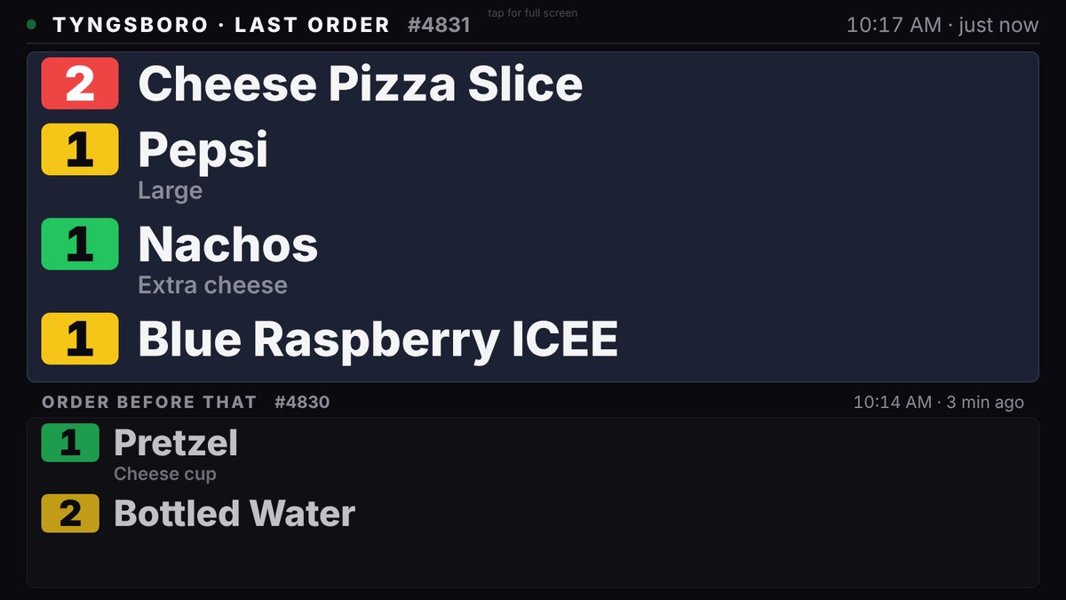Snack bar order board showing the latest Square order on a TV